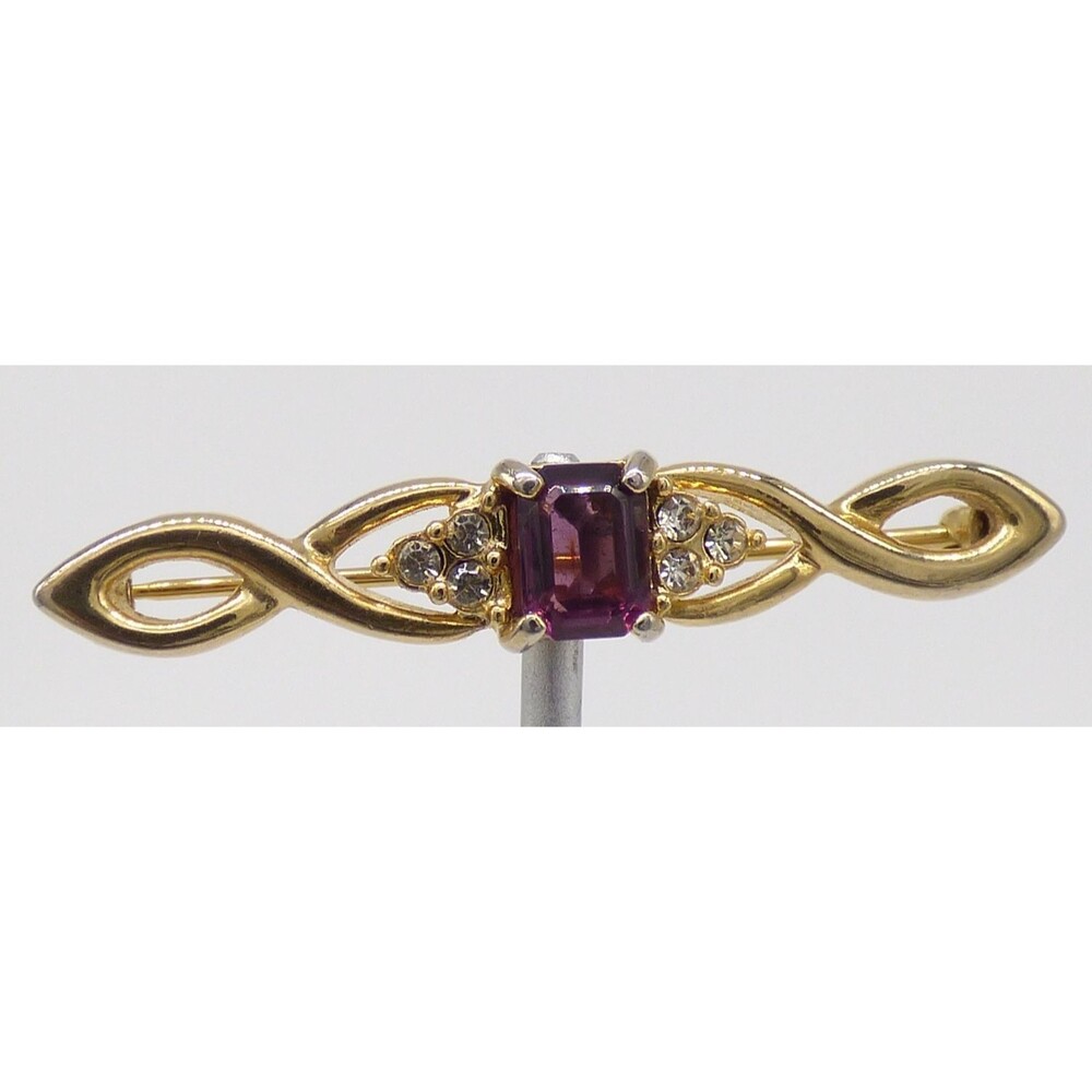 Gold Tone Purple Clear Rhinestone Brooch Pin Openwork Infinity Bar Style Vintage